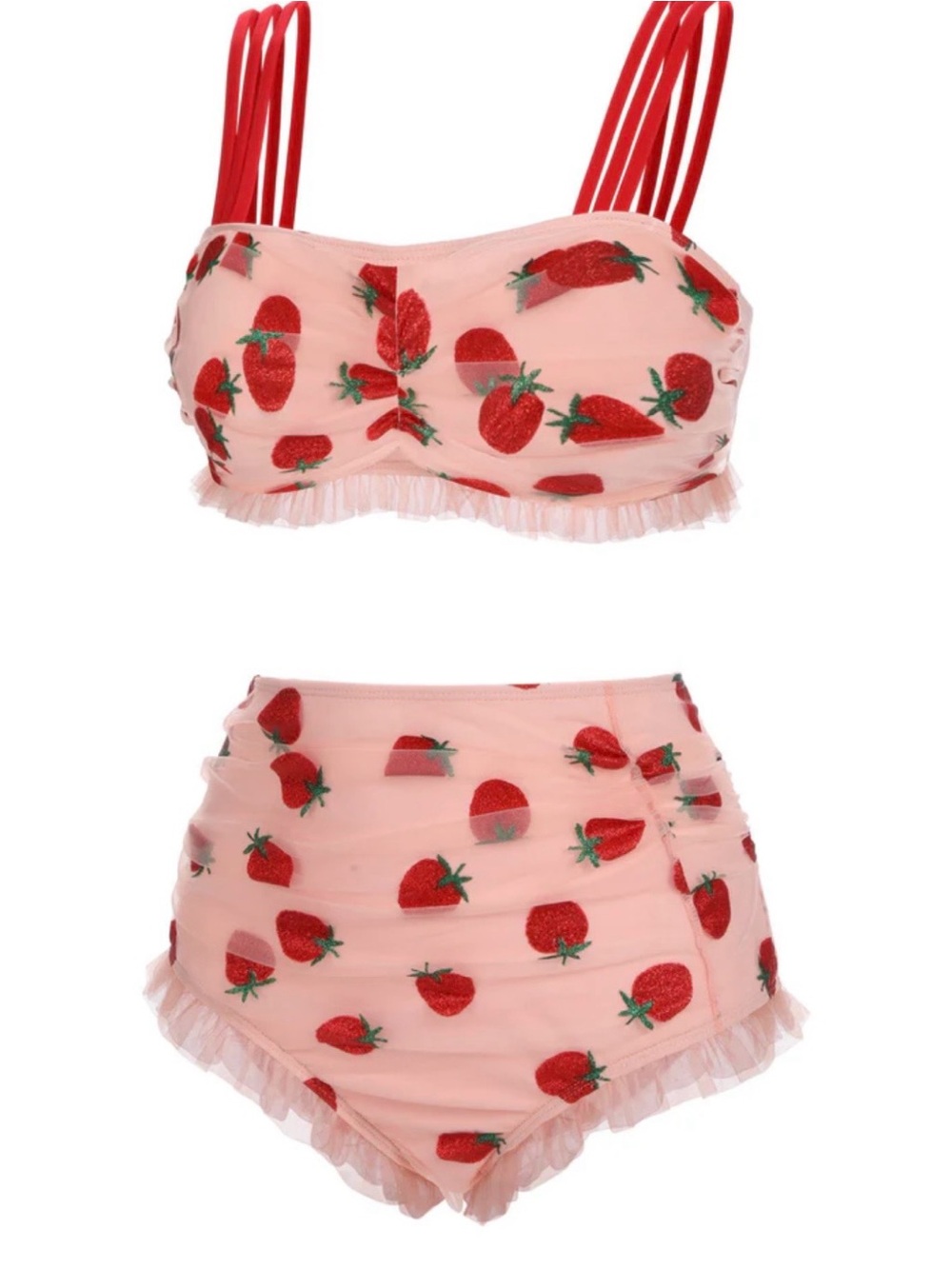 Retro Stage Strawberry Print Pink Two-Piece Ruffle Accented Swim Set -- XL